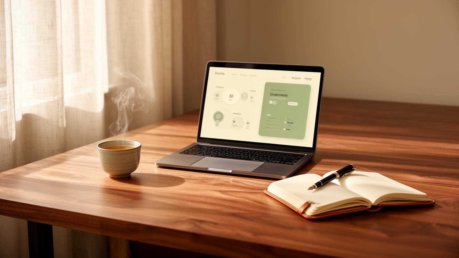 A calm sunlit desk with laptop showing the NextAgency dashboard